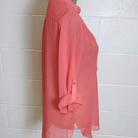 A. Byer Coral Sheer Tangerine 1/2 Button-Up Blouse 3/4 Roll tab Sleeves - Picture 3 of 11